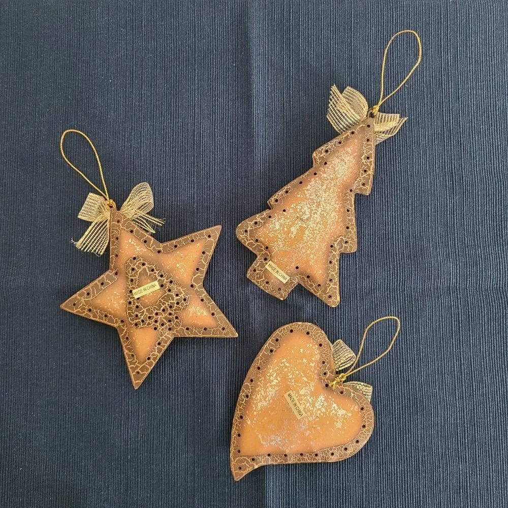 Vintage Textured Metal Holiday Christmas Tree Star Heart Ornaments Set Of Three